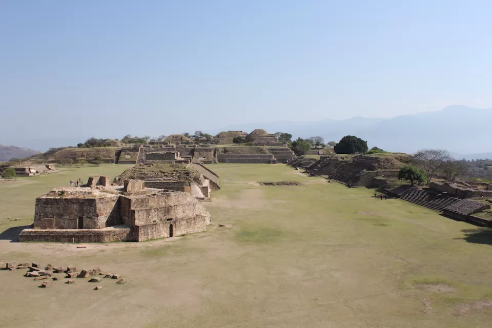 Aerial view of Monte Alban plaza ruins in Mexico.